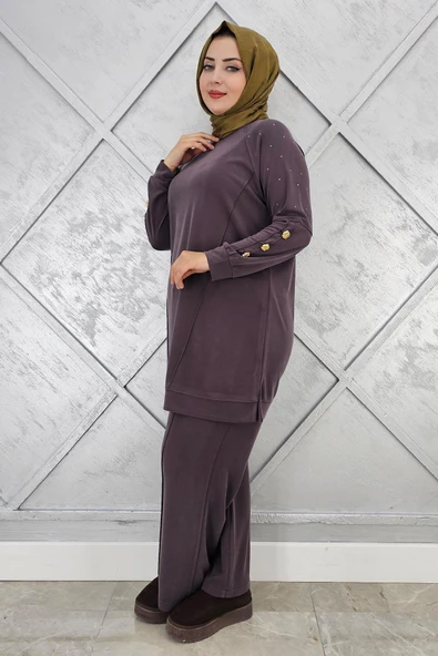 KADIN NERVÜR DİKİM DÜĞME DETAYLI TESETTÜR TAKIM - Resim 3