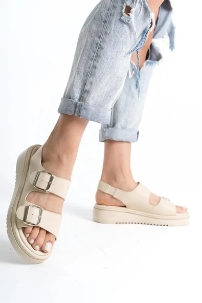 Papuç Sepeti Fncy-602 Günlük Kadın Çift Tokalı Rahat Sandalet - Resim 4