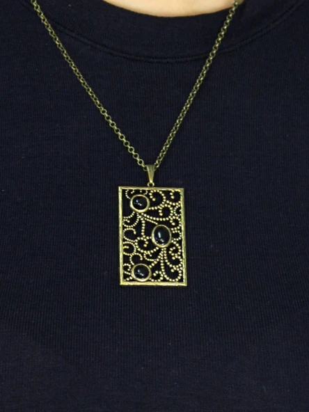 Doğal Taş Oniks 3'lü Doğal Taşlı Antik Kadın Kolye euk45o - Resim 2