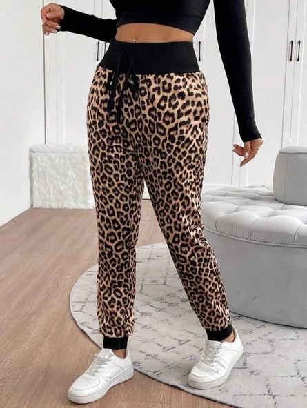 MDB Kadın Yüksek Bel Bağcıklı Desenli Iki Iplik Pantolon - Resim 4