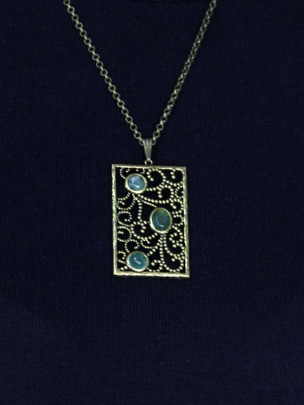 Doğal Taş Yeşil Akik 3'lü Doğal Taşlı Antik Kadın Kolye euk45ya - Resim 3