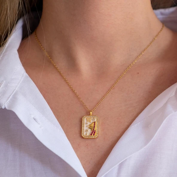 Çelik Kolye, Altın Kaplama Başak Burcu Kadın Kolye K-108 - Resim 3