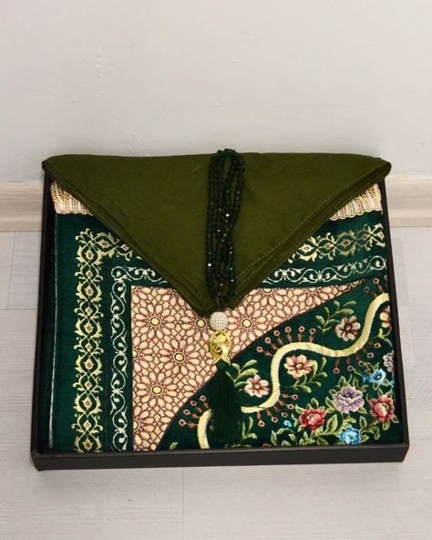 Çeyizlik Hediyelik Seccade Eşarp Tesbih Set – Kadife Astarlı Seccade, Eşarp, Kristal Tesbih Kutulu Lüks Hediye Seti - Resim 8