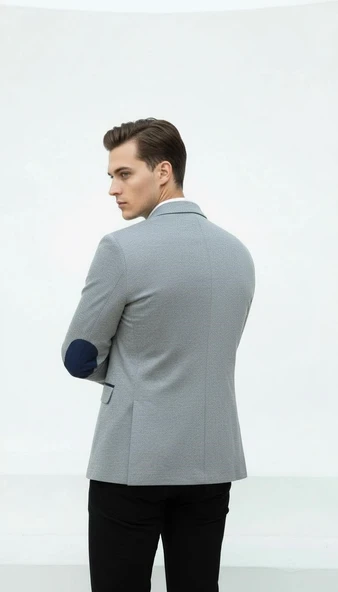 Plus Scorpion Gri Erkek İtalyan Kesim Blazer Ceket – Lacivert Detaylı, Kol Yamali, Slim Fit Şık Tasarım - Resim 4