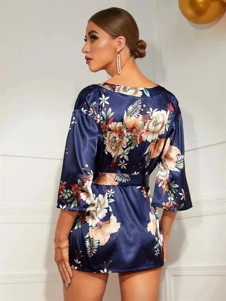 Amora Secret Çiçek Desenli Mavi Mini Saten Gecelik Sabahlık - Resim 2