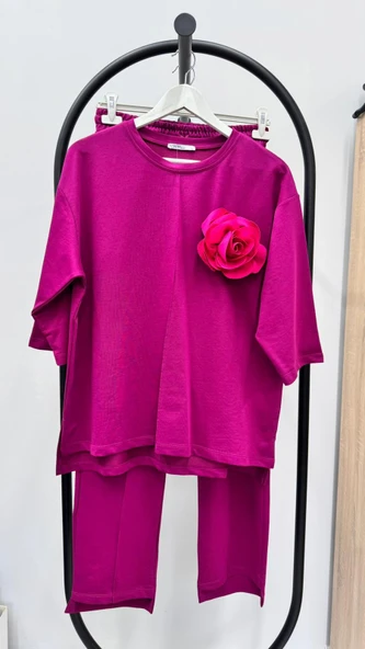 Kadın Büyük Beden Truvakar Kol Çiçek Detaylı İki İplik Eşofman Takımı 8224-26 - 11