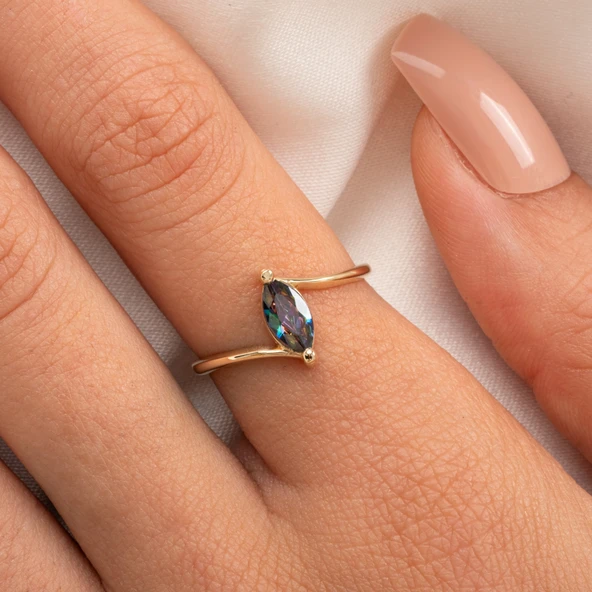 Gümüş Yüzük - 0.60 Karat Mekik Mistik Topaz Taşlı Es 925 Ayar Gümüş Evlilik Teklifi Yüzüğü - 5