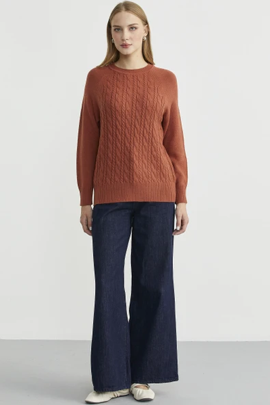 Motifli Daire Yaka Triko Kazak - Taba ürün görseli