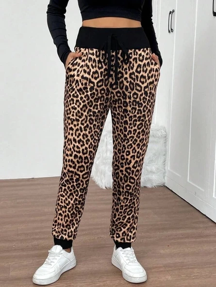 MDB Kadın Yüksek Bel Bağcıklı Desenli Iki Iplik Pantolon - Resim 2