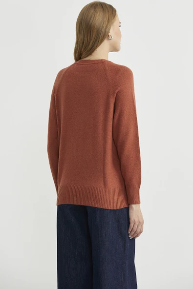 Motifli Daire Yaka Triko Kazak - Taba - Resim 6