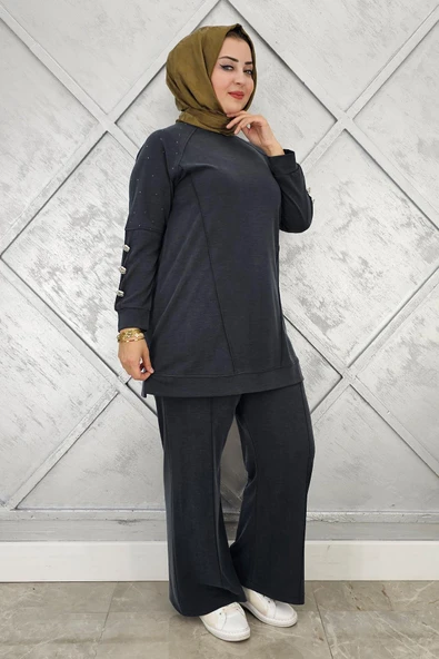 KADIN NERVÜR DİKİM DÜĞME DETAYLI TESETTÜR TAKIM - Resim 5