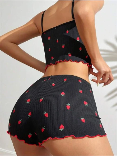 Amora Secret Siyah Üstüne Kırmızı Çilek Desenli Askılı Şortlu Pijama Takımı - 4