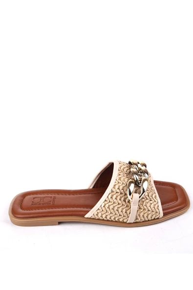 Papuç Sepeti ZŞ05 Zincir Detaylı Hasır Günlük Kadın Terlik - Resim 4
