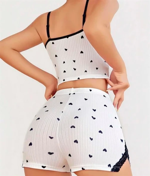 Amora Secret Pamuklu Beyaz Üstüne Siyah Kalp Desen Fitilli Askılı Şortlu Pijama Takımı - 2