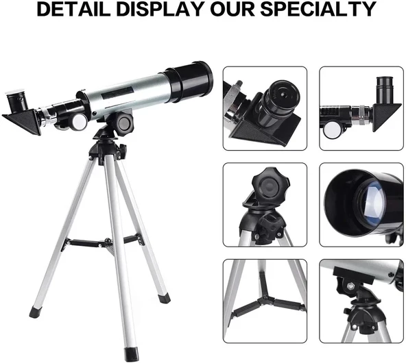 50x360 Mini Teleskop Kara Uzay Teleskobu Aliminyum Gövde Tripodlu - Resim 2