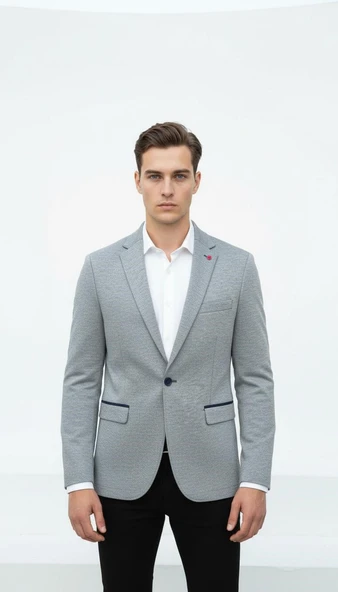 Plus Scorpion Gri Erkek İtalyan Kesim Blazer Ceket – Lacivert Detaylı, Kol Yamali, Slim Fit Şık Tasarım - Resim 2