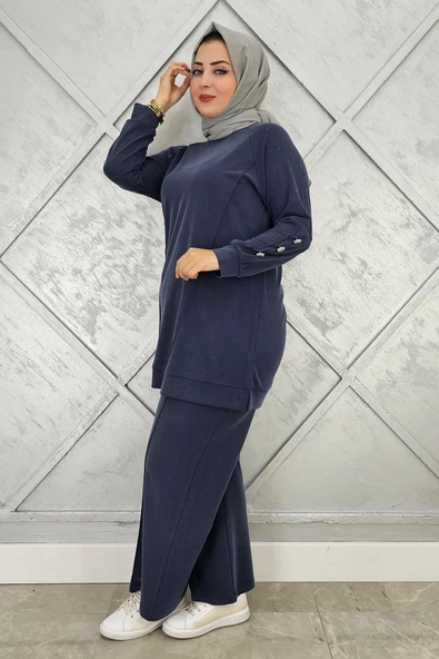 KADIN NERVÜR DİKİM DÜĞME DETAYLI TESETTÜR TAKIM - Resim 4