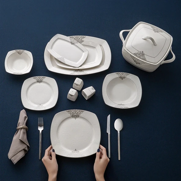 Emsan New Yasemin Porselen 60 Parça 12 Kişilik Yarım Kare Yemek Takımı Platin - Resim 7