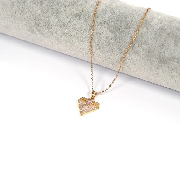 Çelik Kolye, Altın Kaplama Üçgen Kadın Kolye K-127 - Resim 2