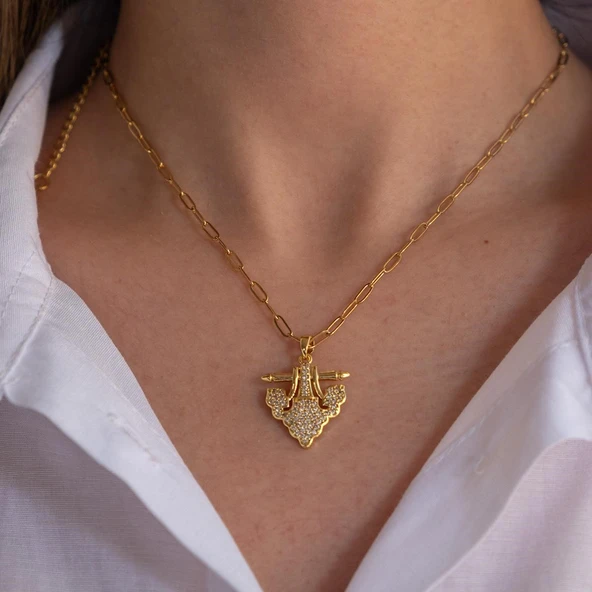 Paslanmaz Çelik Kadın Kolye, Altın Kaplama Işıltılı Kolye K-128 - Resim 3