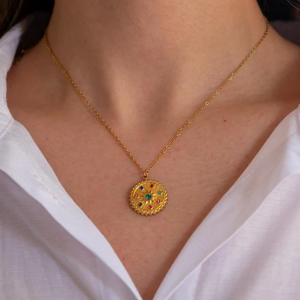 Çelik Kolye, Altın Kaplama Zodyak Burçlar Çemberi Kadın Kolye K-123 - Resim 3