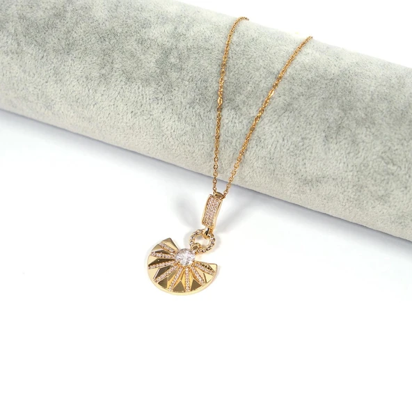 Paslanmaz Çelik Kadın Kolye, Altın Kaplama Yelpaze Kolye K-129 - Resim 2