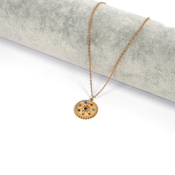 Çelik Kolye, Altın Kaplama Zodyak Burçlar Çemberi Kadın Kolye K-123 - Resim 2