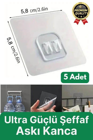 5 Adet Ultra Güçlü Suya Dayanıklı İz Bırakmaz Şeffaf Banyo Mutfak Ayna Tablo Raf Tutucu Askı Kanca ürün görseli