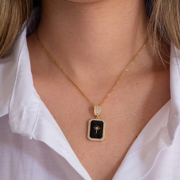 Çelik Kolye, Kuzey Yıldızı Kolye, Altın Kaplama Kadın Kolye K-124 - Resim 3