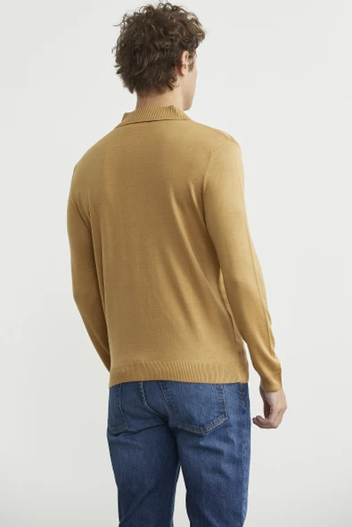 Polo Yaka Ekose Motifli Triko Kazak - Kamel - Resim 5