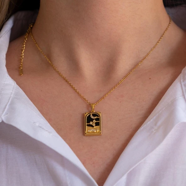 Çelik Kolye, Ay Kolye Altın Kaplama, Kadın Kolye K-131 - Resim 3