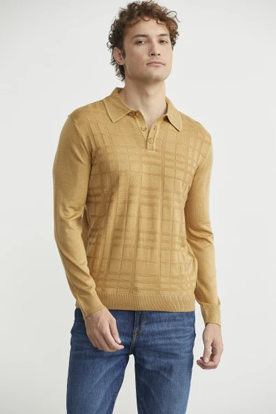 Polo Yaka Ekose Motifli Triko Kazak - Kamel - Resim 4