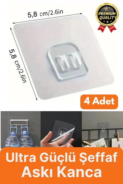 4 Adet Ultra Güçlü Suya Dayanıklı İz Bırakmaz Şeffaf Mutfak Banyo Tablo Raf Ayna Tutucu Askı Kanca ürün görseli 1