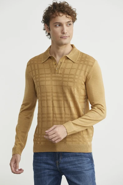 Polo Yaka Ekose Motifli Triko Kazak - Kamel - Resim 3