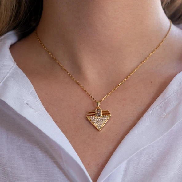 Çelik Kolye, Altın Kaplama Üçgen Kadın Kolye K-126 - Resim 3