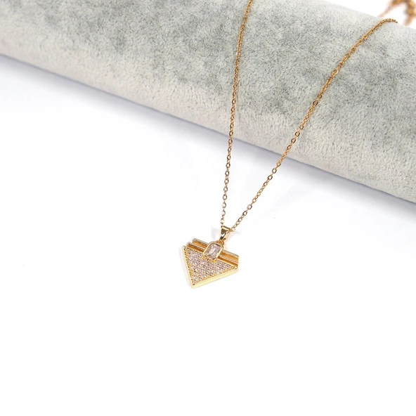 Çelik Kolye, Altın Kaplama Üçgen Kadın Kolye K-126 - Resim 2