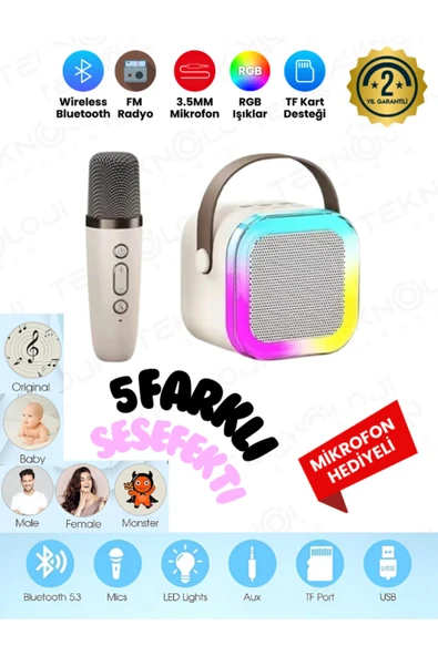 Concord K12 Kablosuz Bluetooth Hoparlör Karaoke Mikrofon 5 Ses Efektli Rgb Hd Stereo Ses Usb/Sd/FM