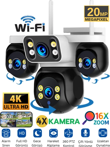 E5804 WİFİ Güvenlik Kamerası 4 Kameralı 20MP ULTRA HD PTZ Hareketli Sesli Gece Görüşlü Akıllı Kamera