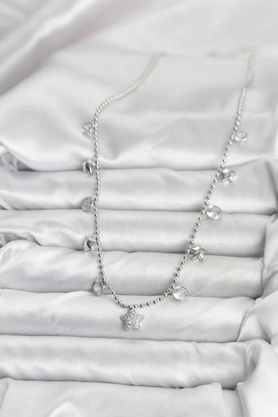 Pirinç Gümüş Renk Yıldız Model Kadın Kolye - TJ-BKO10650 - Resim 2