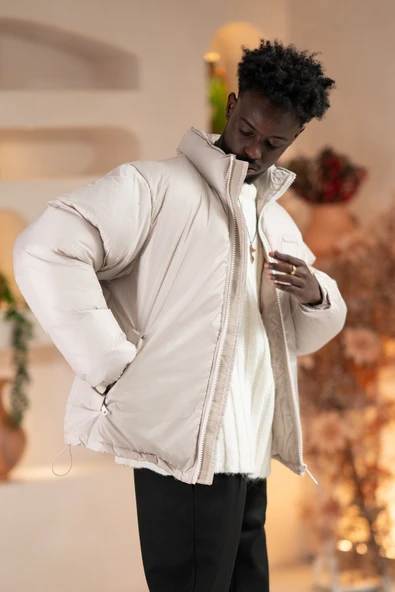 Oversize (Bol Kesim) Dik Yaka Fermuar Kapamalı Şişme Mont - 3