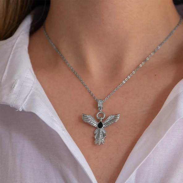 Çelik Kolye, Kadın Melek Kolye, Siyah Taşlı Kolye K-100 - Resim 3