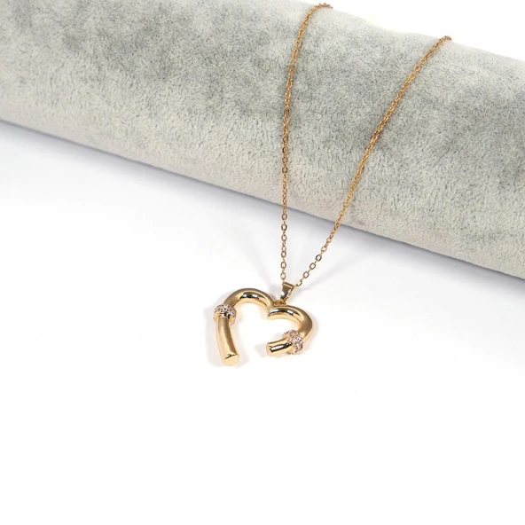 Çelik Kalp Kolye, Altın Kaplama Kadın Kalp Kolye K-120 - Resim 2