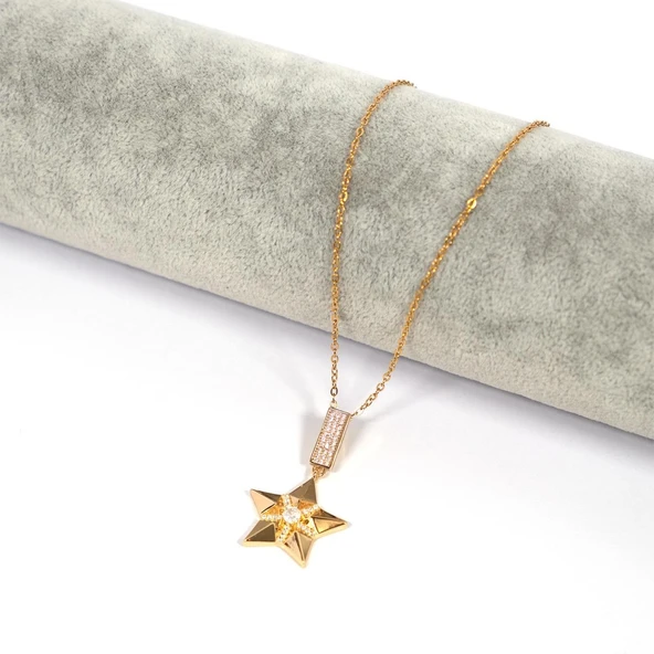 Çelik Kolye, Altın Kaplama Yıldız Kolye, Kadın Kolye K-103 - Resim 2