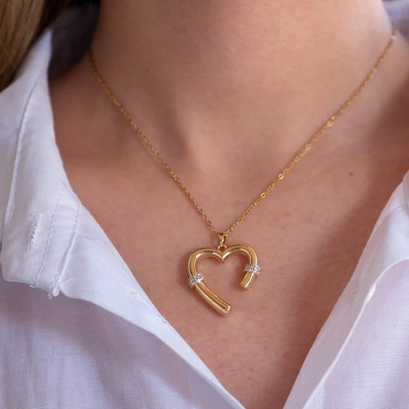 Çelik Kalp Kolye, Altın Kaplama Kadın Kalp Kolye K-120 - Resim 3