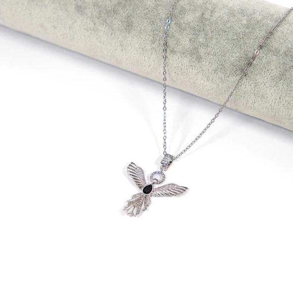 Çelik Kolye, Kadın Melek Kolye, Siyah Taşlı Kolye K-100 - Resim 2