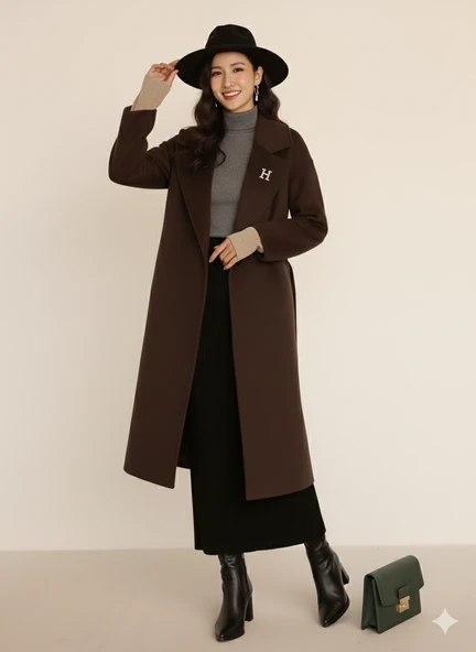 Kadın Siyah Kaşe Uzun Kaban Maksi Boy Palto Geniş Yakalı Düz ​​Kesim Kışlık - Resim 2