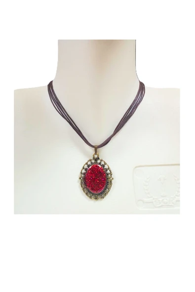 Kırmızı Küçük Ayna Figür Antik Bakır Metal Simli Şık Epoksi Tasarım Kolye