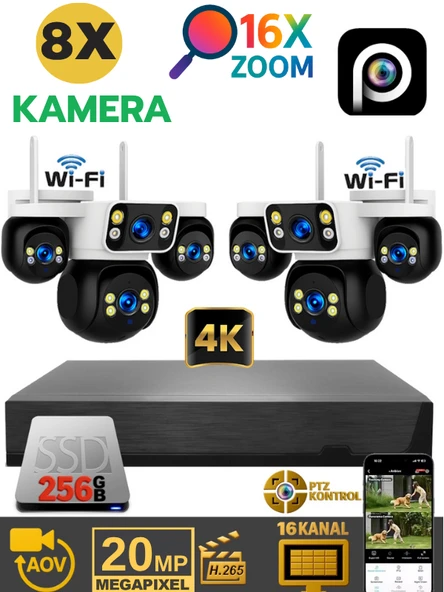 XCAMPRO 8 Kameralı 20MP NVR Güvenlik Kamerası Seti (256GB SSD Dahil) – 4K AOV PTZ Kontrol 7/24 Kayıt