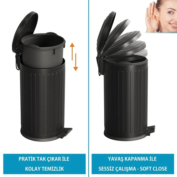 Vintage 16 Lt Yavaş Kapanır Kapaklı Ofis Mutfak Banyo Balkon Çöp Kovası Siyah - Resim 5
