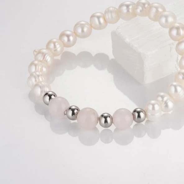 MK TASARIM Gerçek İnci Pembe Kuvars Taşı Bileklik MKT.1.10001.3 - Resim 3